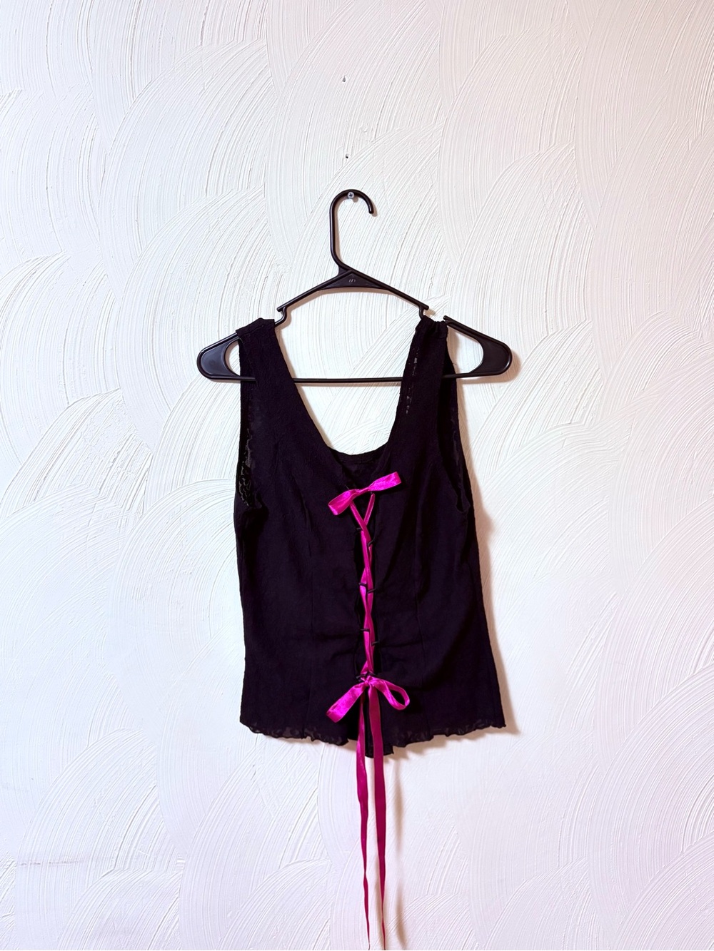Petra Fashions Black Camisole with Pink Ribbon Lace-Up Back